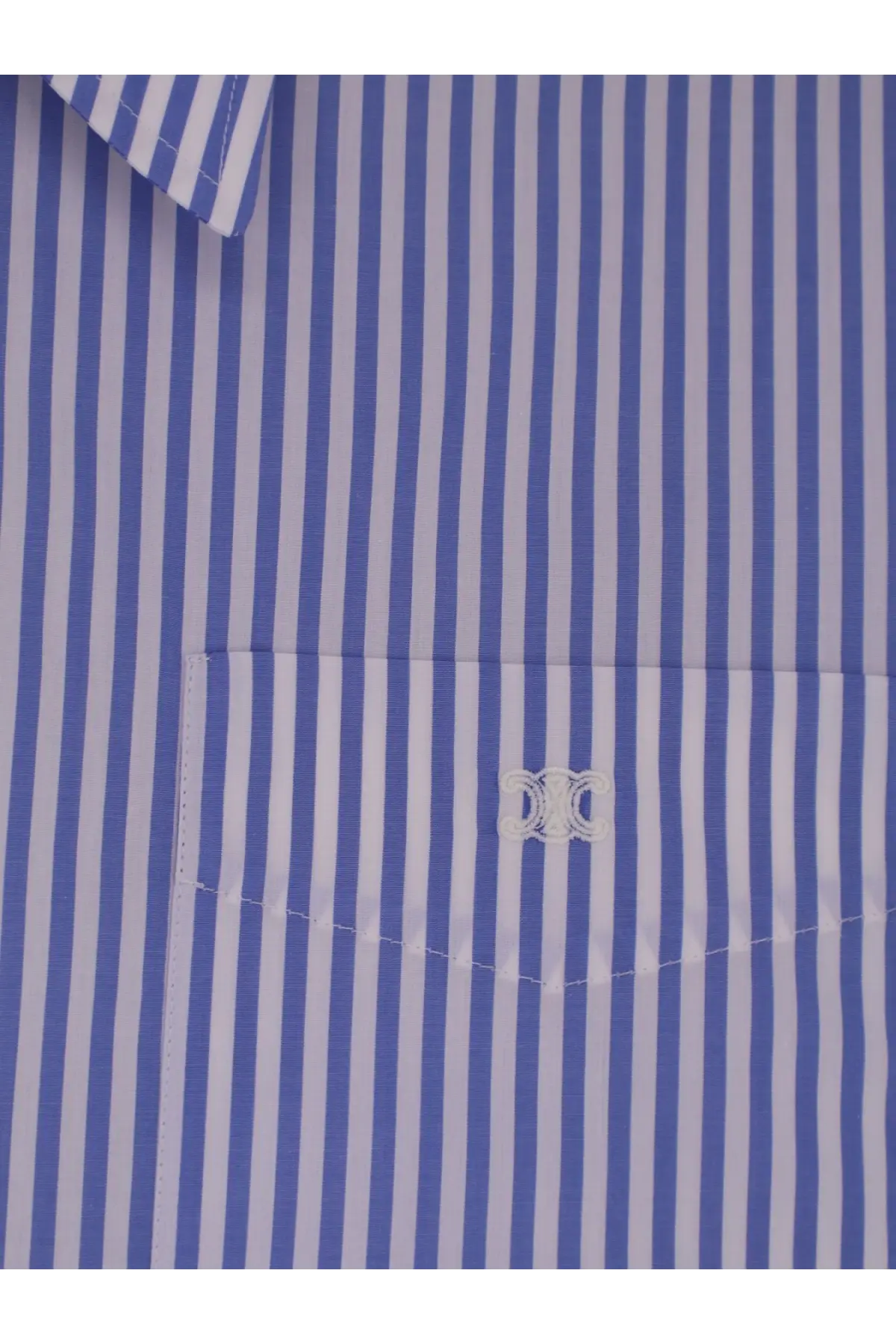 Celine women’s white cropped cotton shirt with blue and white vertical stripes and embroidered chest logo