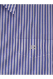 Celine women’s white cropped cotton shirt with blue and white vertical stripes and embroidered chest logo