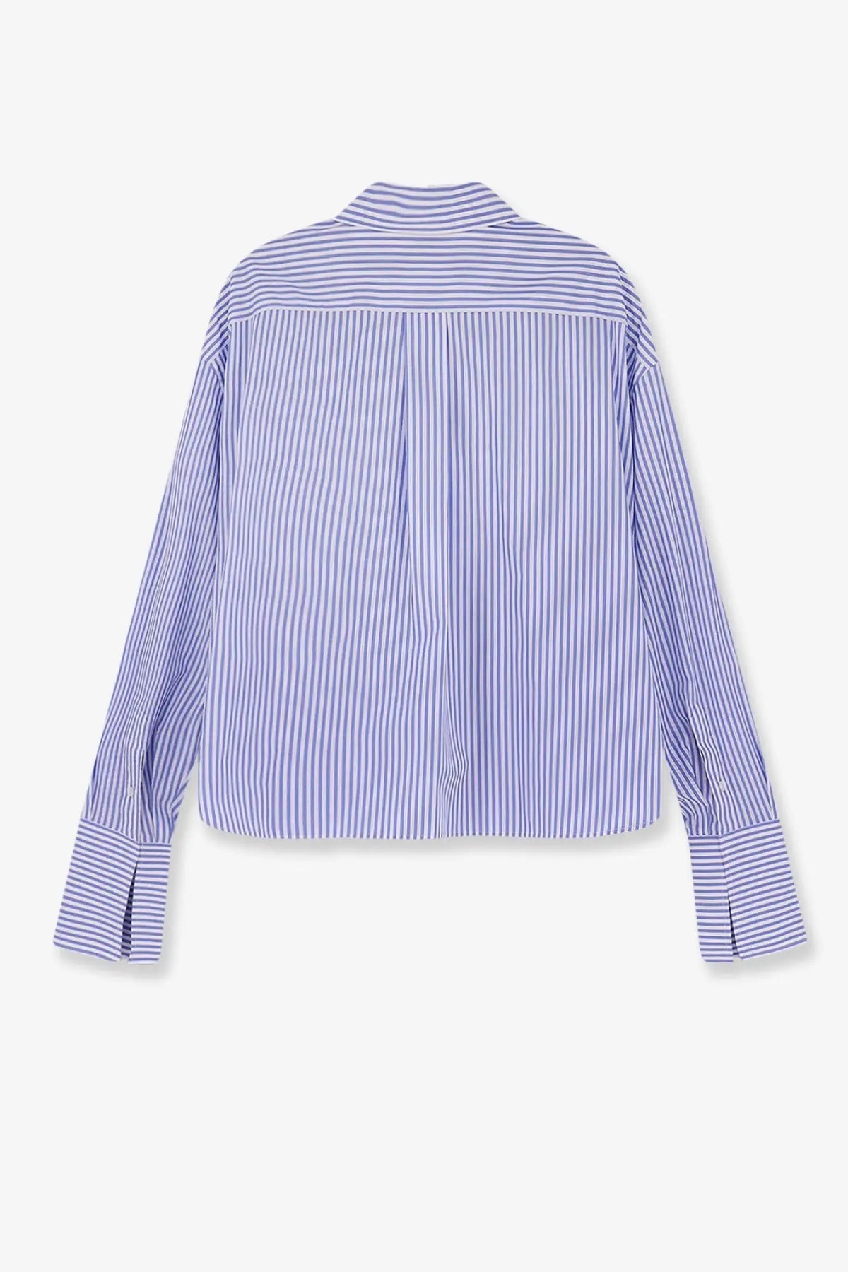 Celine women’s cropped striped cotton shirt in lavender and white with long sleeves and a classic collar