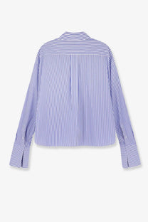 Celine women’s cropped striped cotton shirt in lavender and white with long sleeves and a classic collar