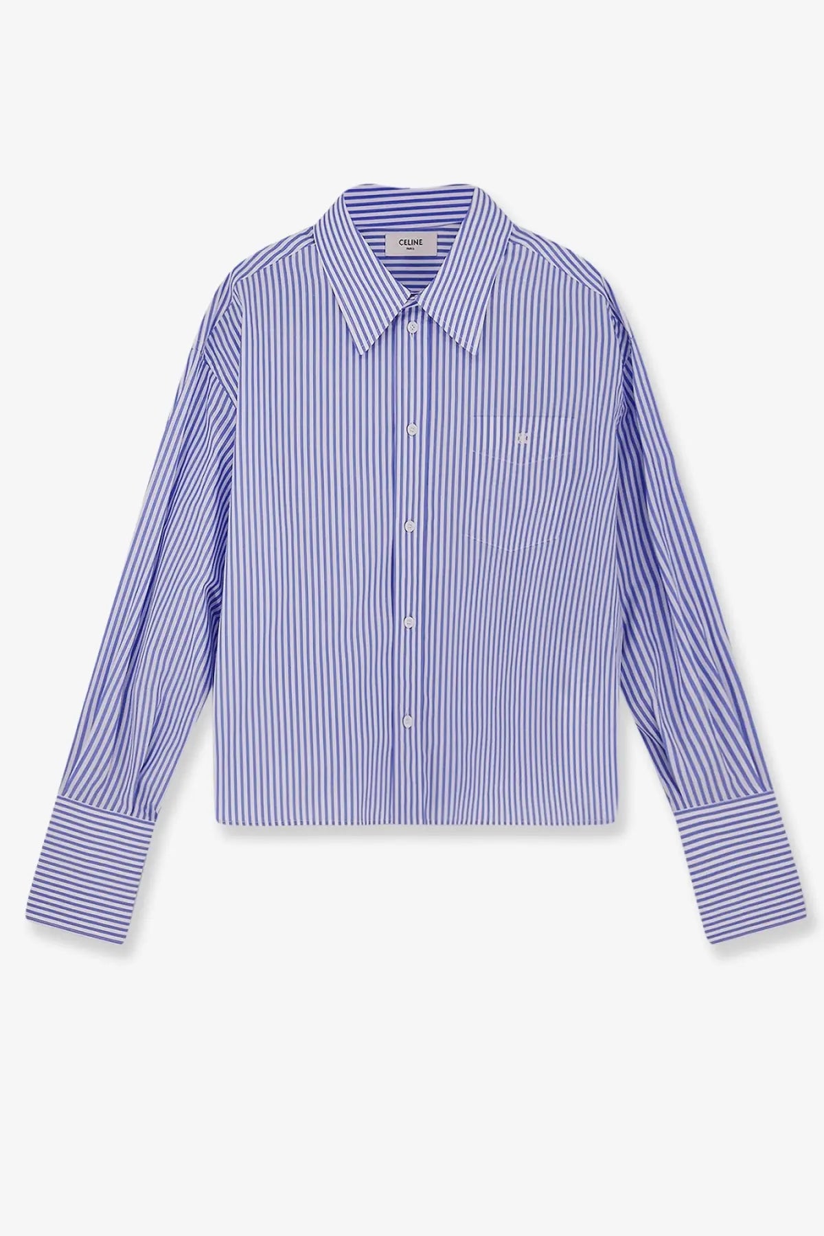 Celine women’s cropped lavender and white striped cotton button up shirt with classic collar and long sleeves