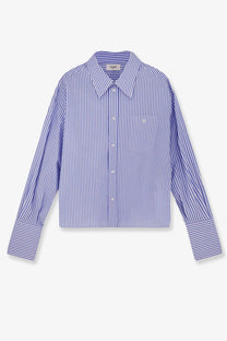 Celine women’s cropped lavender and white striped cotton button up shirt with classic collar and long sleeves