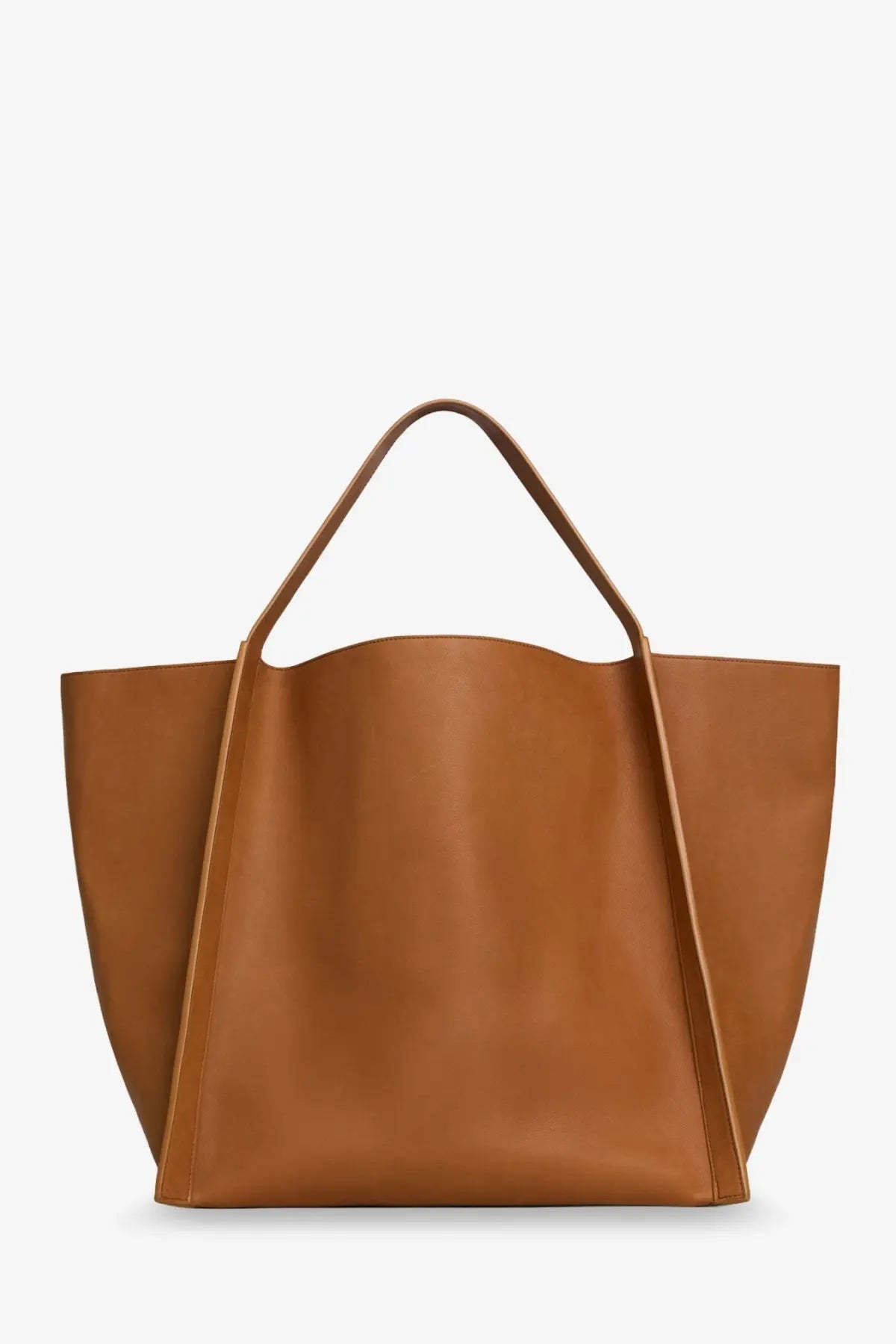 Celine women’s cube leather handbag beige featuring a sleek tan leather tote with clean lines and structured handles