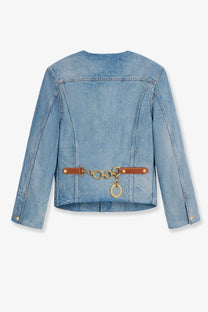 Celine women’s light blue denim jacket with brown leather and gold-tone chain belt detail at the waist
