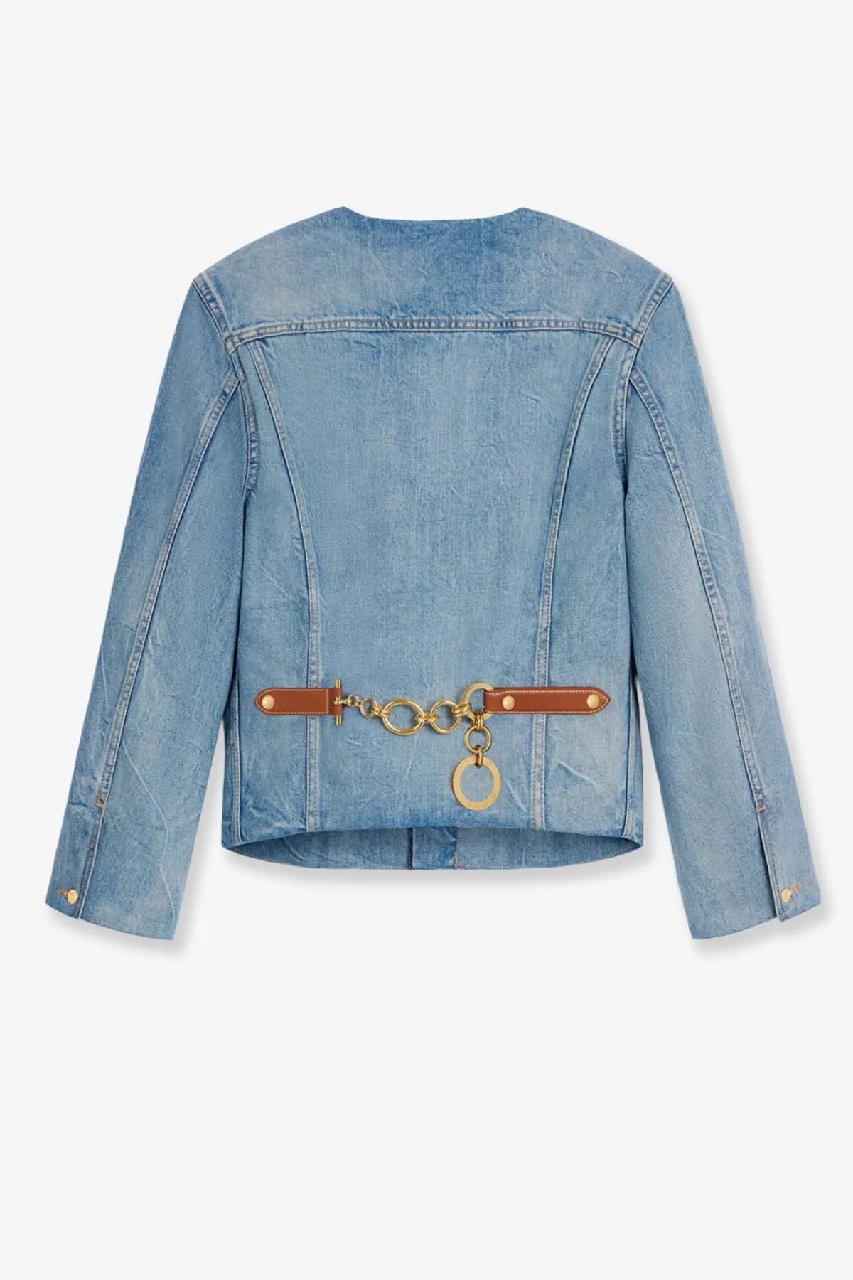 Celine women’s light blue denim jacket with brown leather and gold-tone chain belt detail at the waist