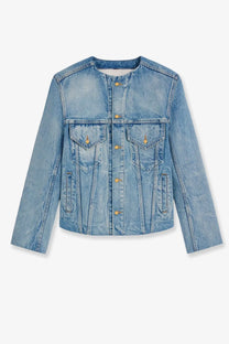 Celine women’s light-wash denim jacket blue with classic button-up front chest flap pockets and gold-tone buttons