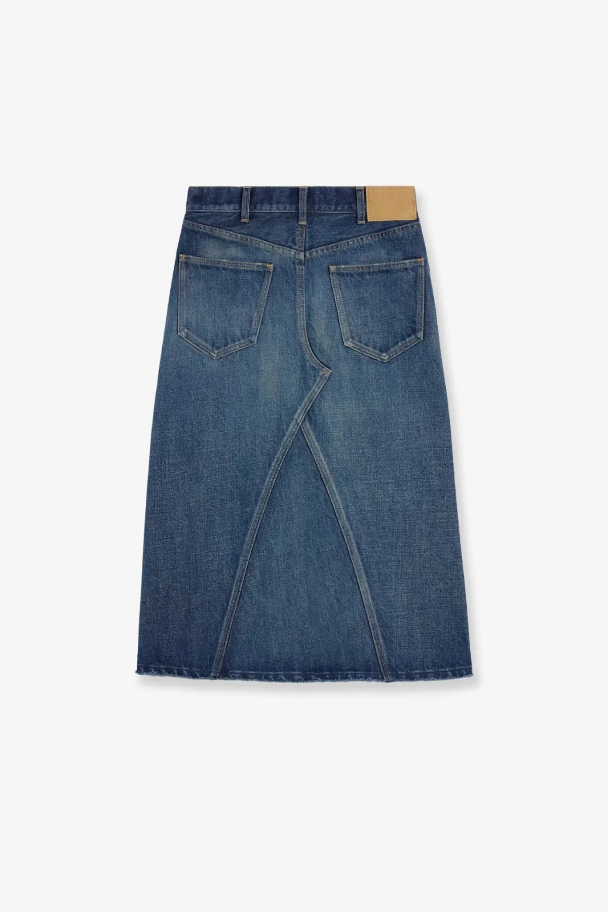 A mid-blue celine women’s denim midi skirt with a straight cut two back pockets and a diagonal center seam back view