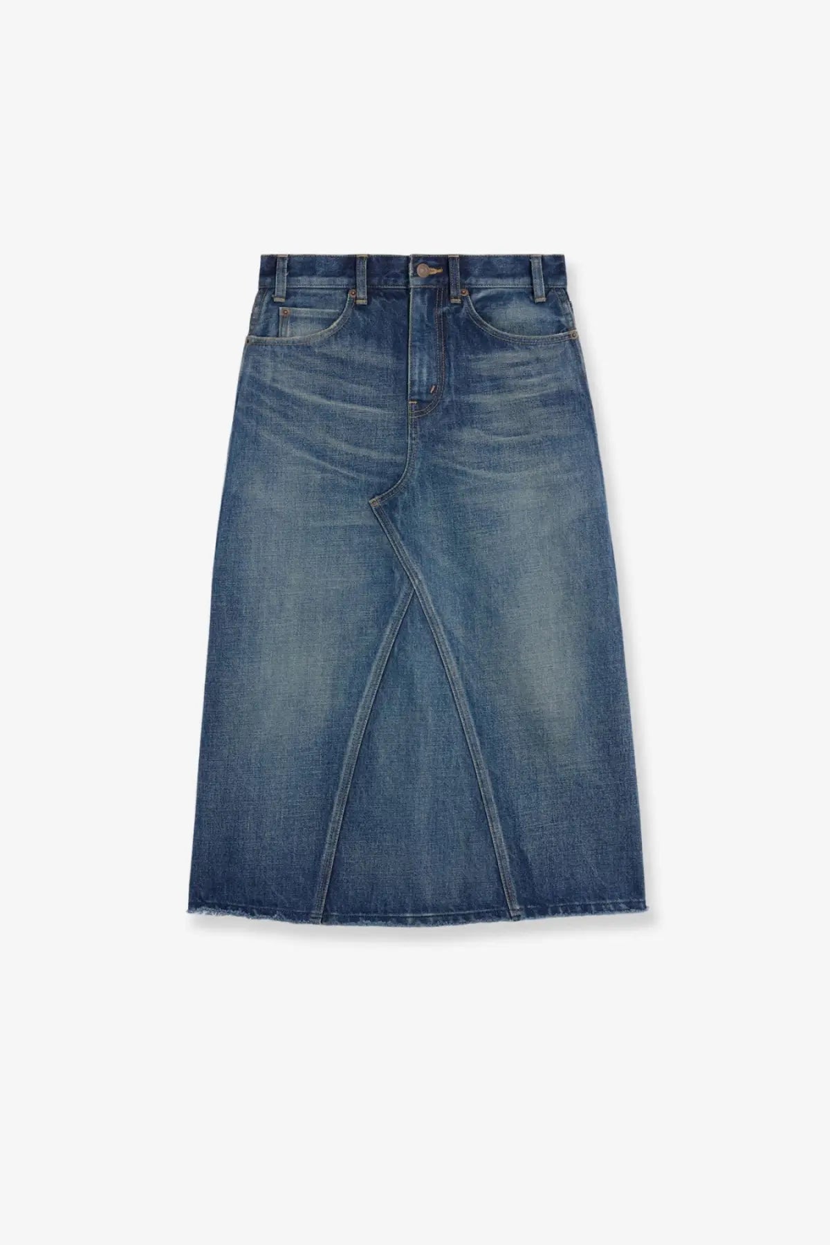 Celine women’s mid-wash blue denim midi skirt with straight cut and front slit for casual wear