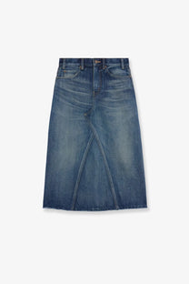 Celine women’s mid-wash blue denim midi skirt with straight cut and front slit for casual wear