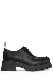 Celine women’s derby triomphe black leather oxford shoe with chunky textured rubber sole front view