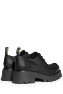 Celine women’s derby Triomphe black leather lace-up oxford shoes with chunky textured rubber sole and heel pull tabs