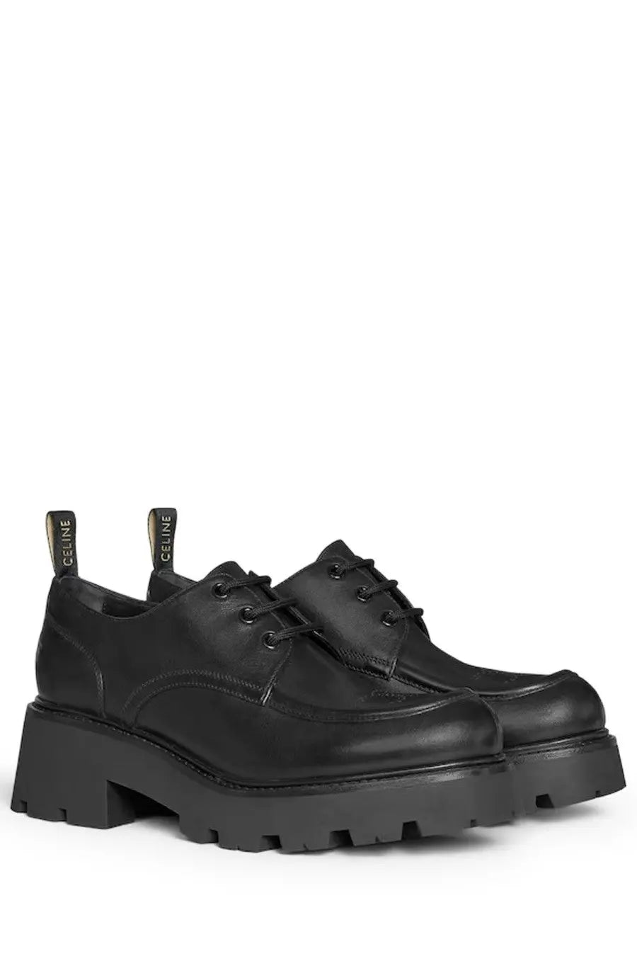 Celine women’s derby triomphe black leather platform oxford shoes with chunky soles and laces front view