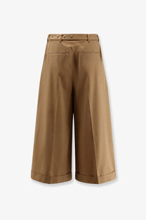 Celine women’s dock cotton trousers beige tan wide-leg cropped with buttoned waistband and rolled cuffs