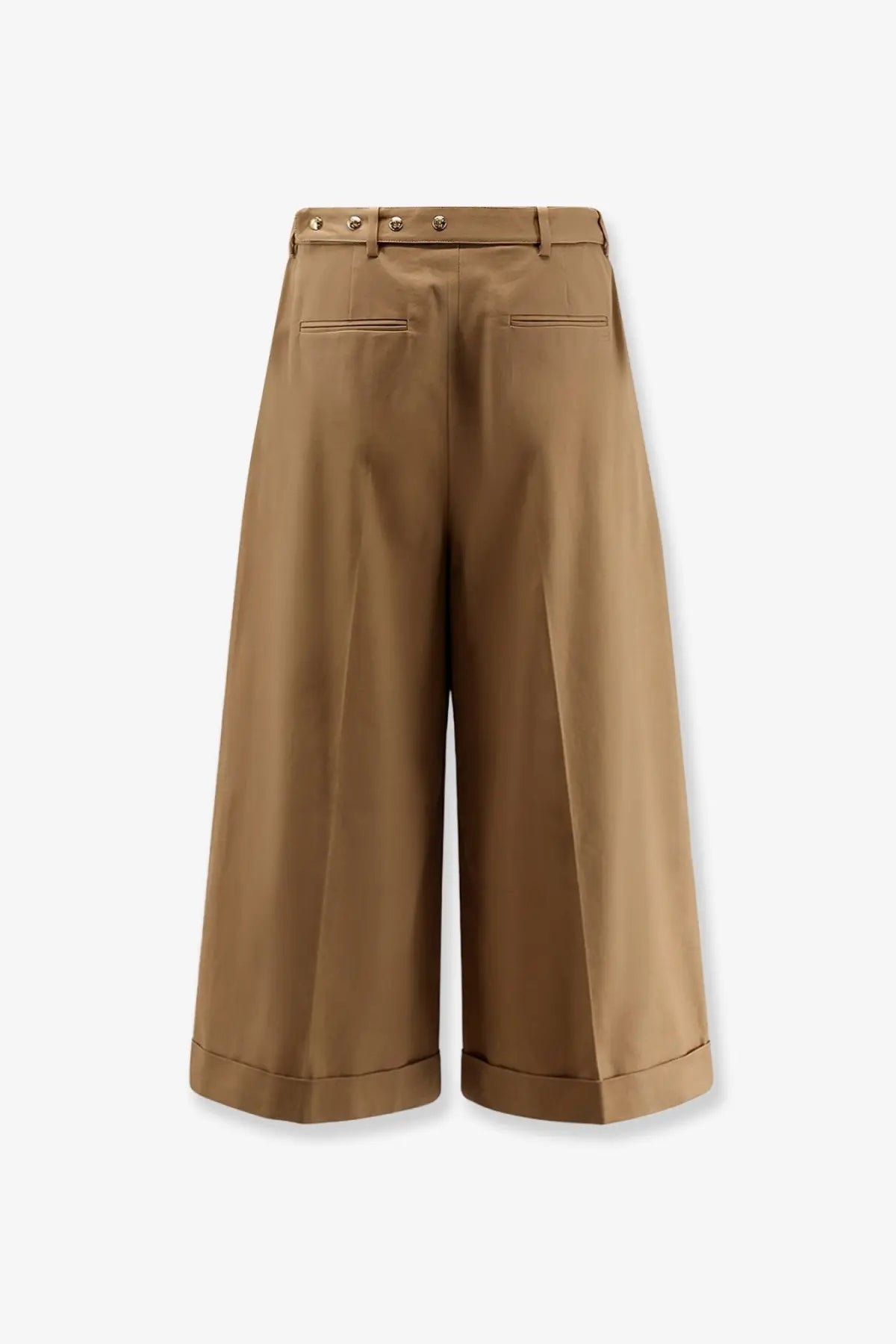 Celine women’s dock cotton trousers beige with tan wide-leg cropped design buttoned waistband and rolled cuffs