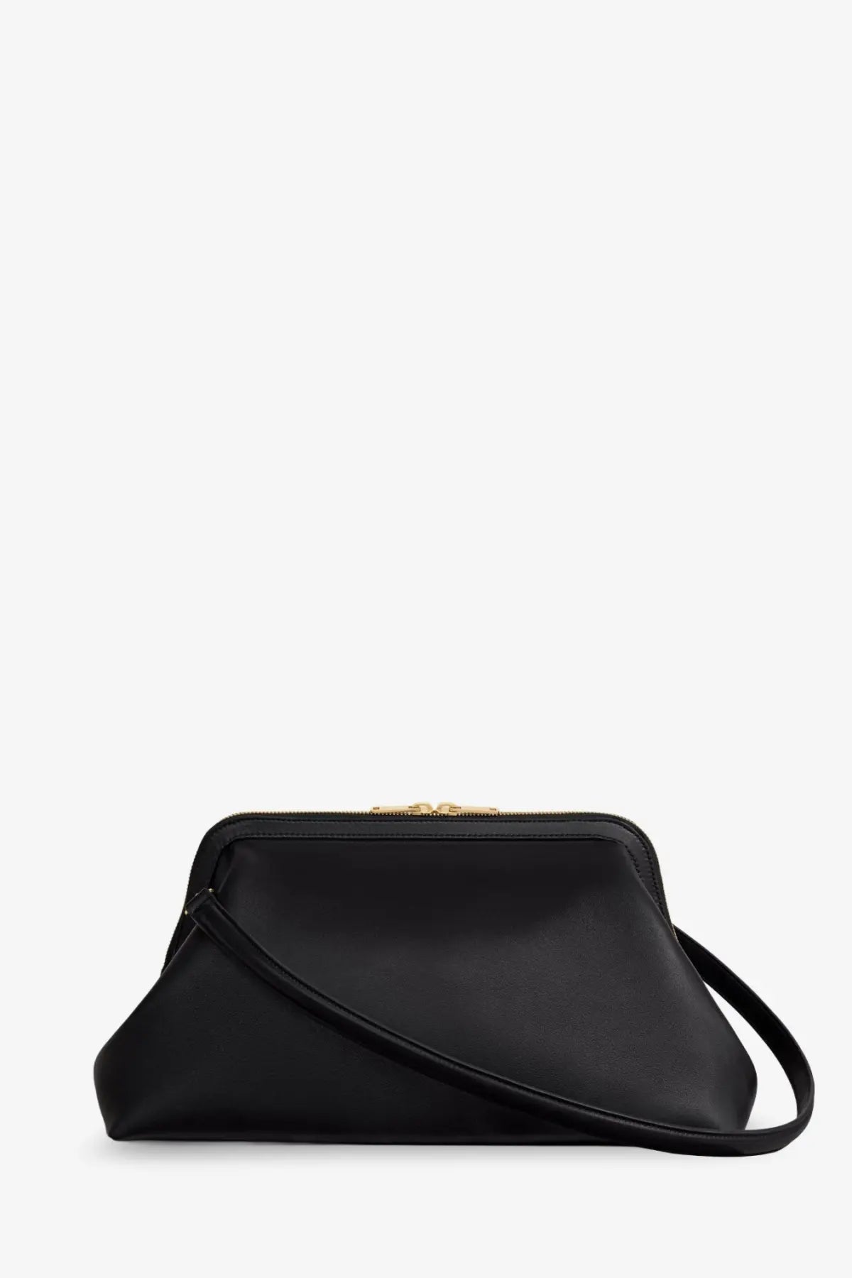 Celine women’s doctor leather shoulder bag in black featuring a black leather clutch with gold-tone zipper and adjustable strap