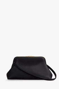Celine women’s doctor leather shoulder bag in black featuring a black leather clutch with gold-tone zipper and adjustable strap