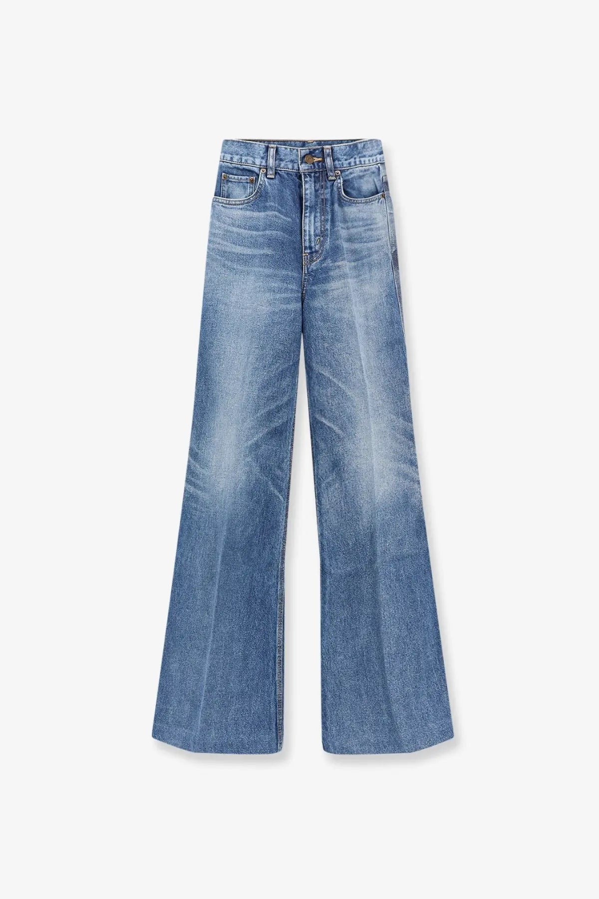 Celine women’s flared cotton jeans in medium blue denim with high waist wide leg subtle fading and whiskering