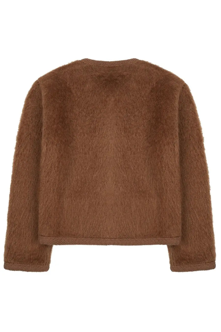 Celine women’s giacca chasseur in mohair brown features a cozy long-sleeved brown faux fur cropped sweater with ribbed cuffs