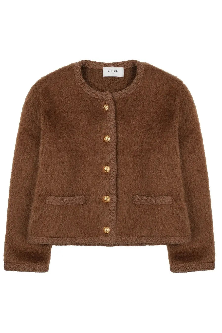 A brown fuzzy celine mohair cardigan with gold-tone buttons and two front pockets women’s giacca chasseur
