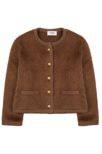 A brown fuzzy celine mohair cardigan with gold-tone buttons and two front pockets women’s giacca chasseur