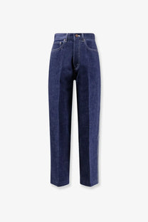 Dark indigo high waist straight leg denim trousers with white stitching from celine womens jeans lightrinse
