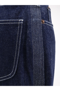 Celine women’s dark indigo denim jeans with contrasting white stitching and copper-toned button light rinse