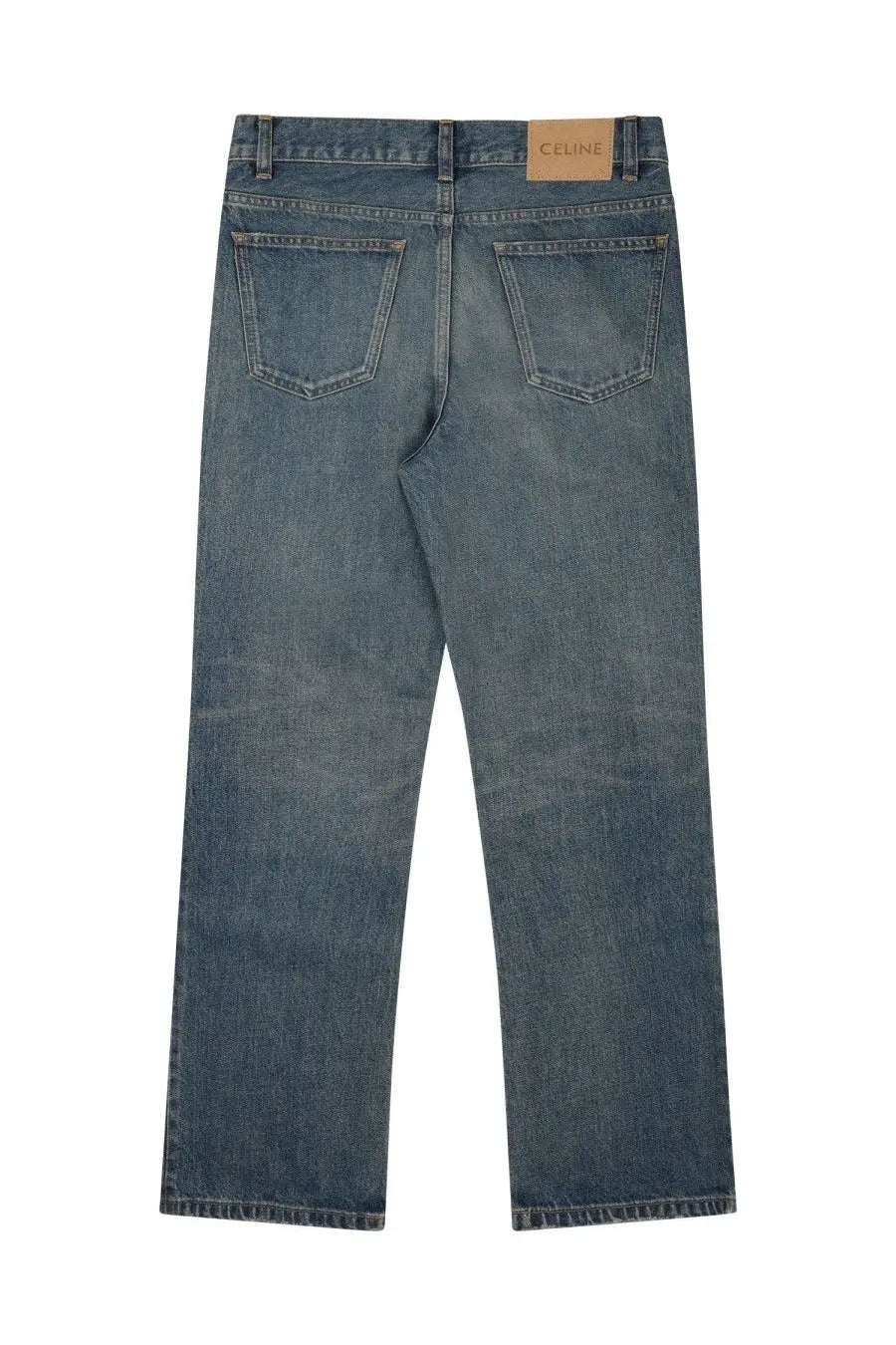 Back side of Celine women’s blue stone washed denim jeans with classic faded wash and pockets