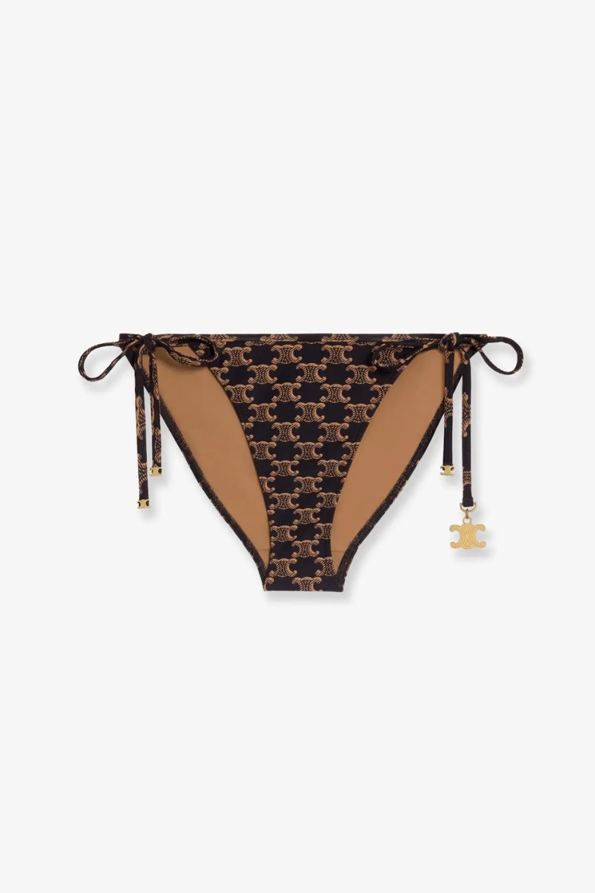Celine women’s jersey bikini bottom in black and gold with tan side panels and c monogram design with metallic hardware accents