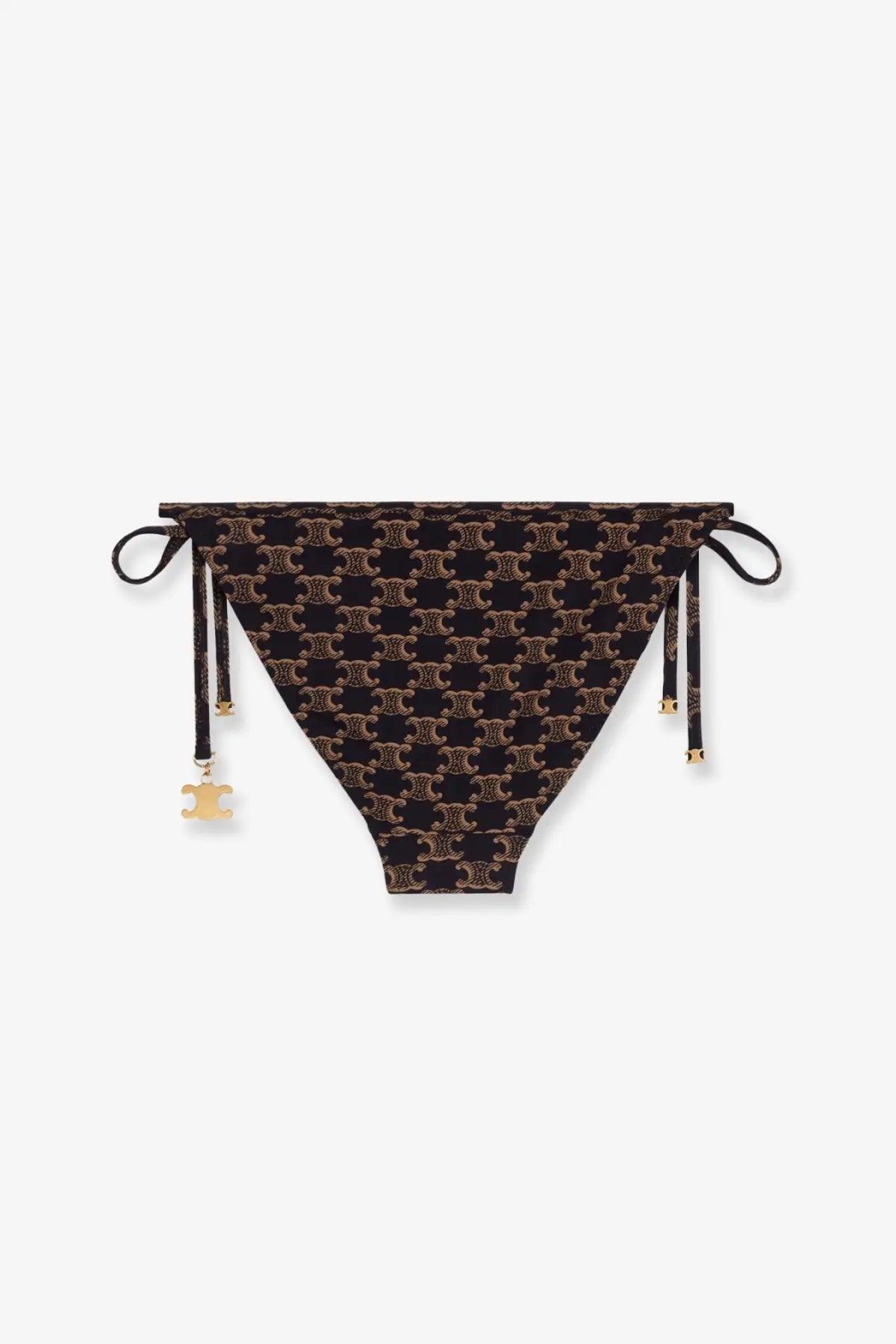 Celine women’s brown jersey black triangle bikini bottom with gold logo pattern and side ties with gold charms