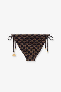 Celine women’s brown jersey black triangle bikini bottom with gold logo pattern and side ties with gold charms