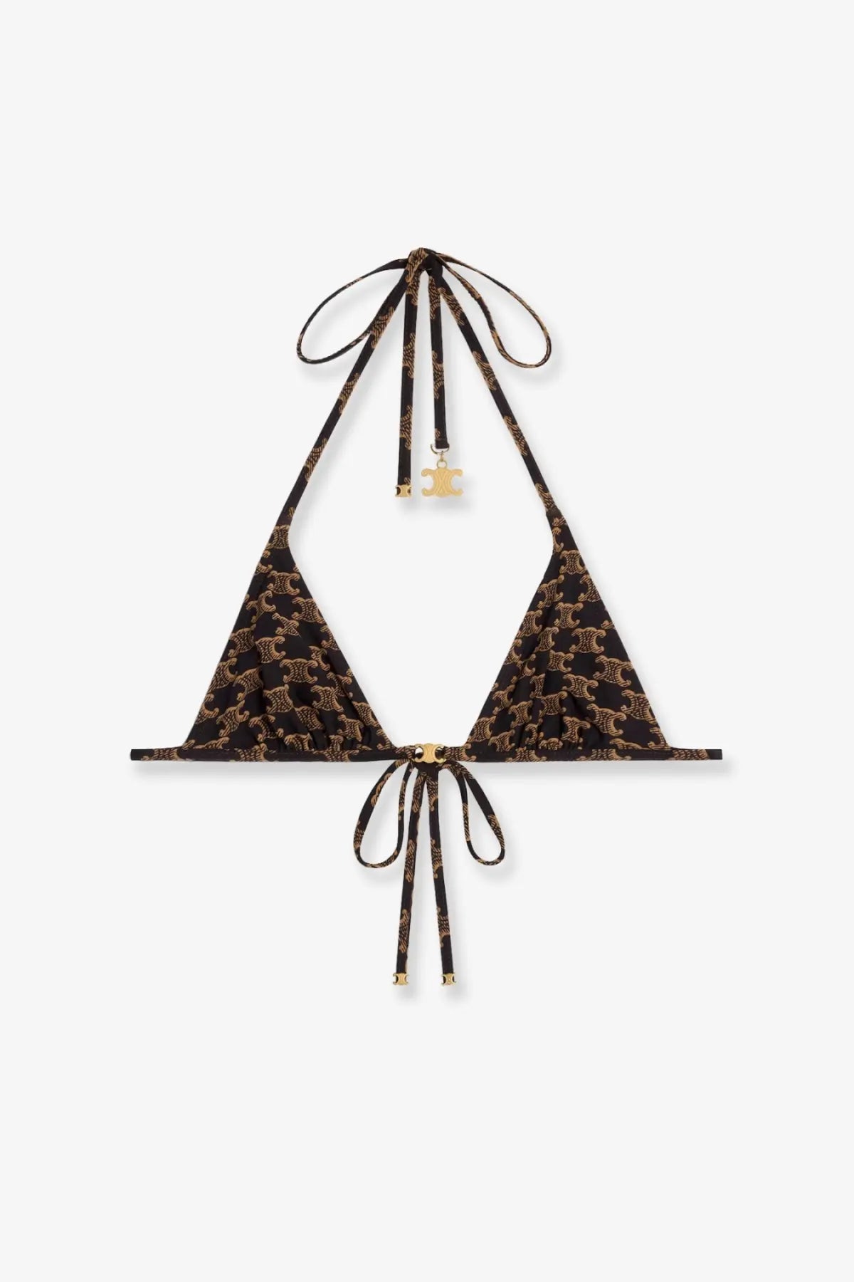 Celine women’s brown jersey halter top bikini with black gold logo pattern and adjustable neck and waist ties