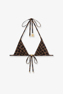 Celine women’s brown jersey halter top bikini with black gold logo pattern and adjustable neck and waist ties