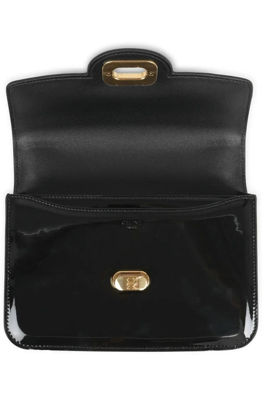 Black patent leather Celine women’s Josephine bag with gold-tone hardware and minimalist design front view