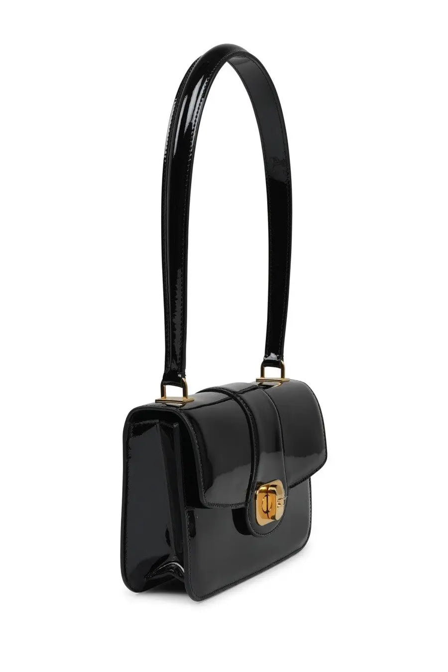 Celine women’s Josephine black patent leather handbag with gold-tone clasp and handle for elegant occasions