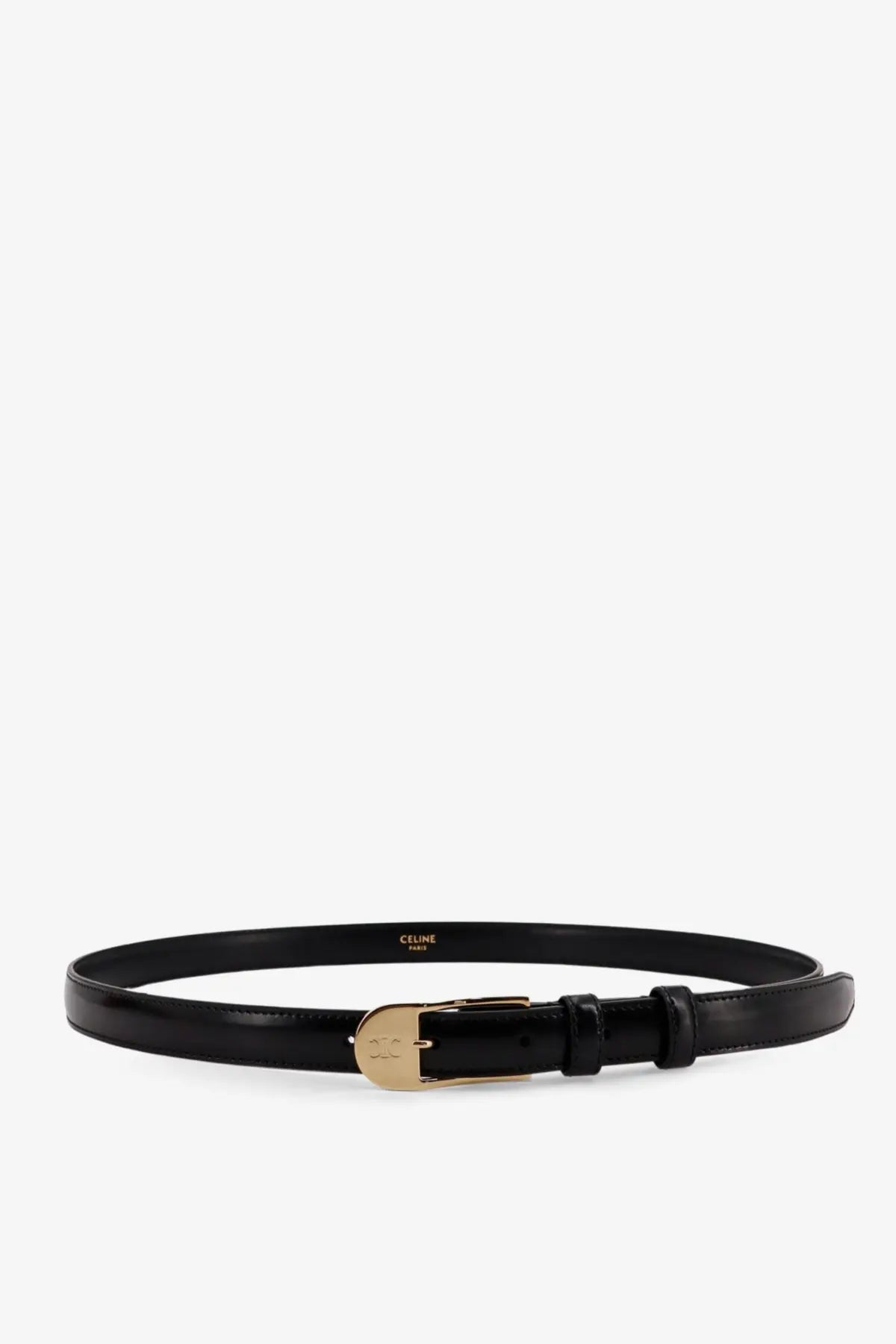 Black leather celine women’s belt with gold-tone buckle and celine paris embossed on the inner side