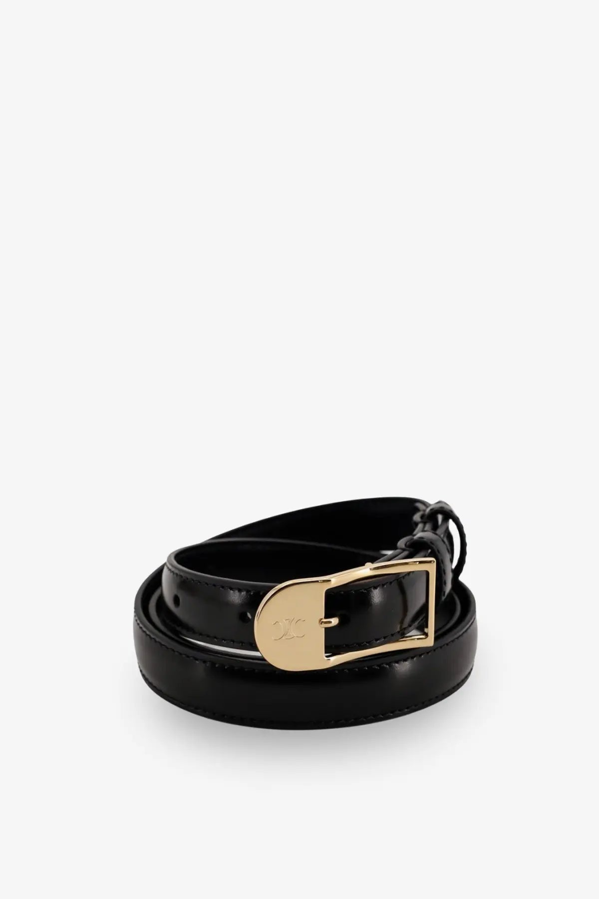 Celine women’s black leather belt with black patent leather and gold-tone rectangular buckle featuring engraved logo