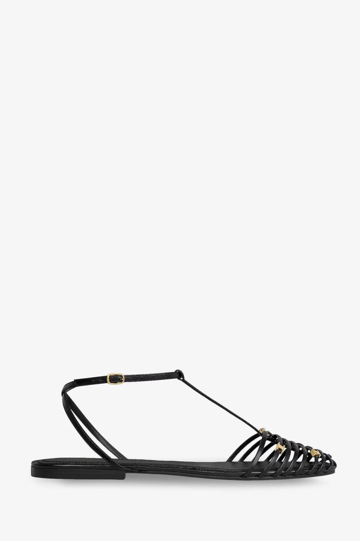 Celine women’s black leather flat cage sandal with t-strap woven toe detail and gold-tone hardware accents