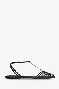 Celine women’s black leather flat cage sandal with t-strap woven toe detail and gold-tone hardware accents