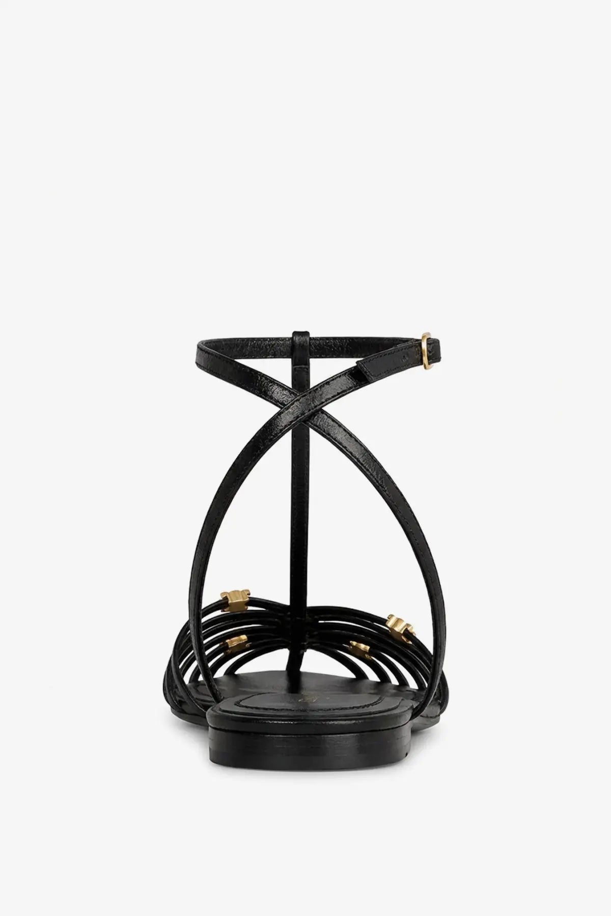Black leather strappy cage sandal with gold tone hardware accents from Celine womens collection