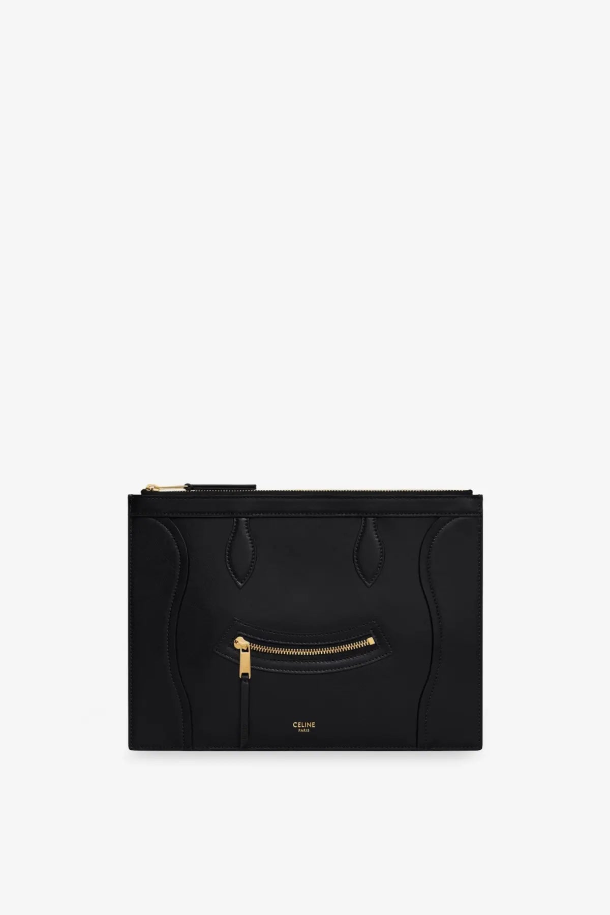 Celine women’s black leather clutch bag with gold-tone zipper details and minimalist design