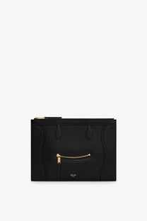 Celine women’s black leather clutch bag with gold-tone zipper details and minimalist design