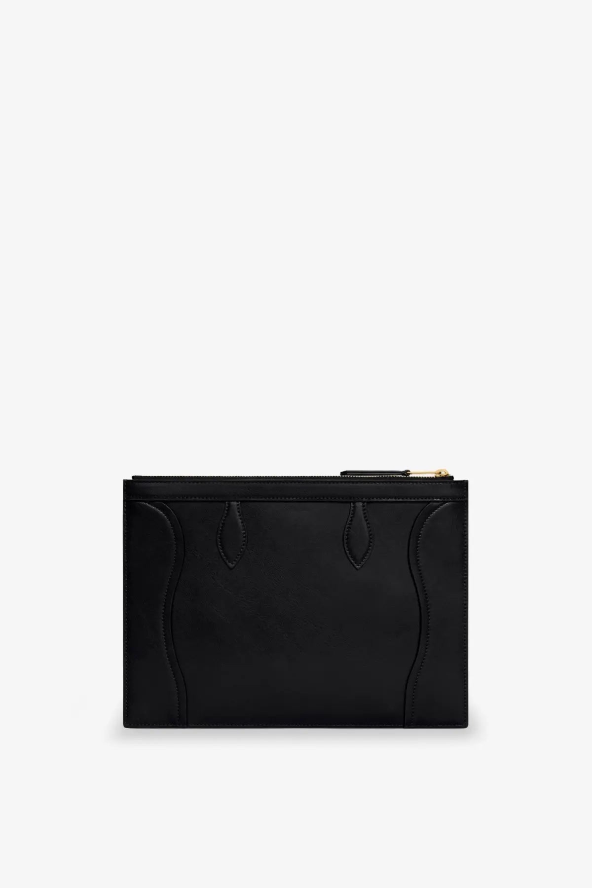 Celine women’s black leather clutch bag with gold-tone zipper and stitched decorative details