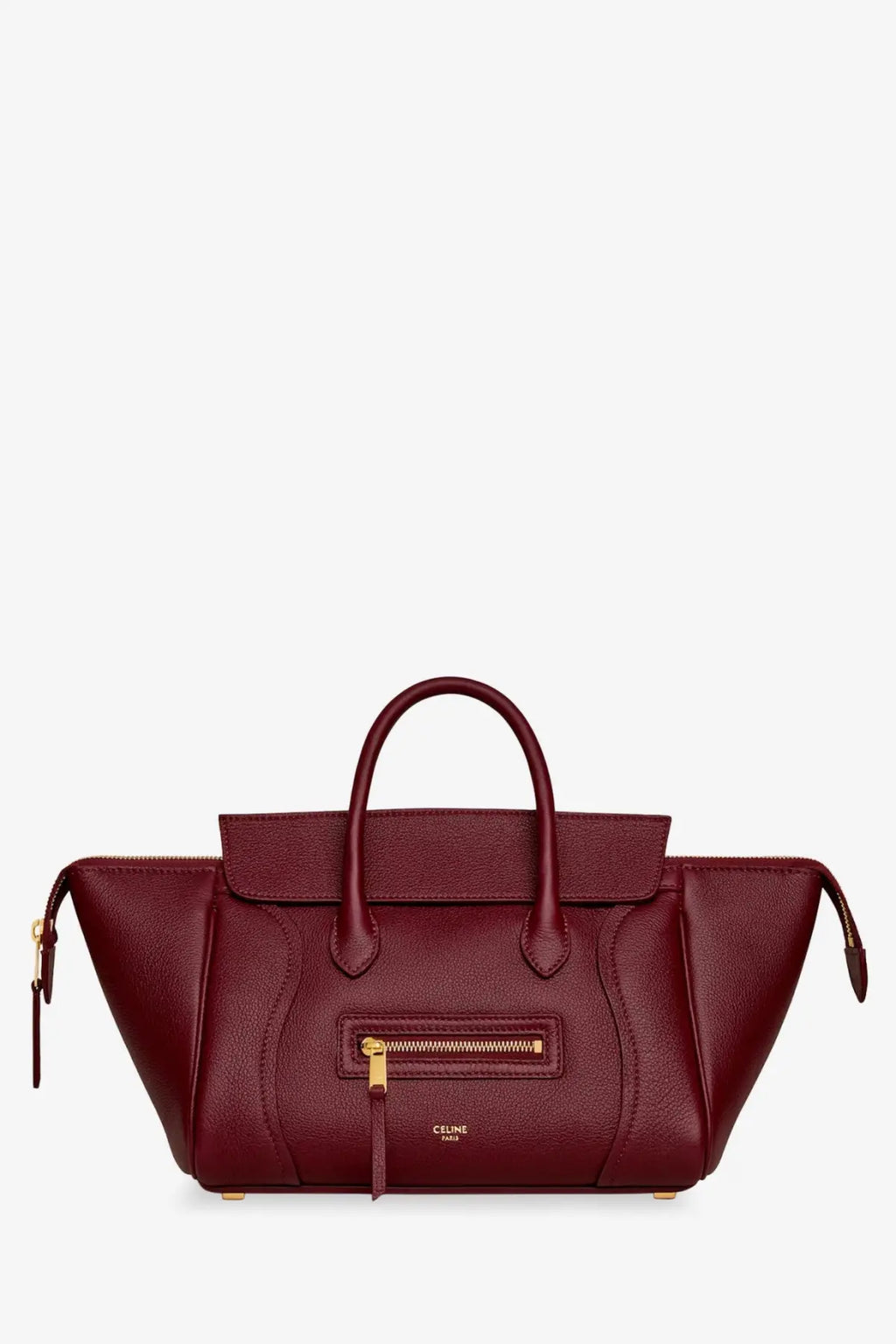 Burgundy leather celine classic small bag with gold-tone hardware and top handles for women