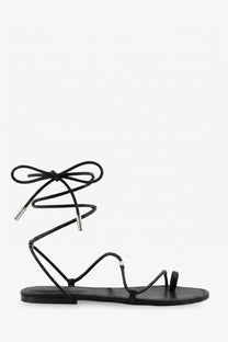 Celine women’s black leather lace-up sandal with silver-toned metal accents front view