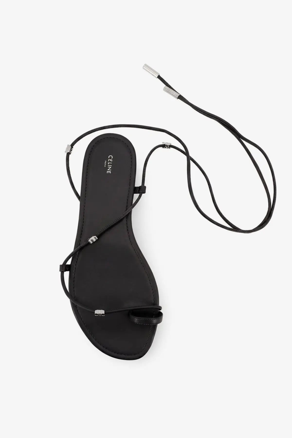 Black celine women’s leather sandals with slender straps and silver toned hardware