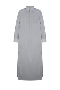 Celine women’s long shirt dress grey with subtle vertical stripes and a classic button-up collar in light gray