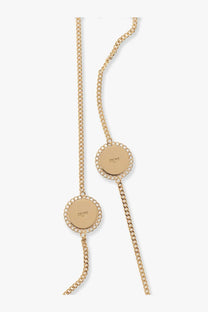 Gold-toned celine women’s medaille sautoir metal necklace with two pearl-encircled circular pendants engraved with celine