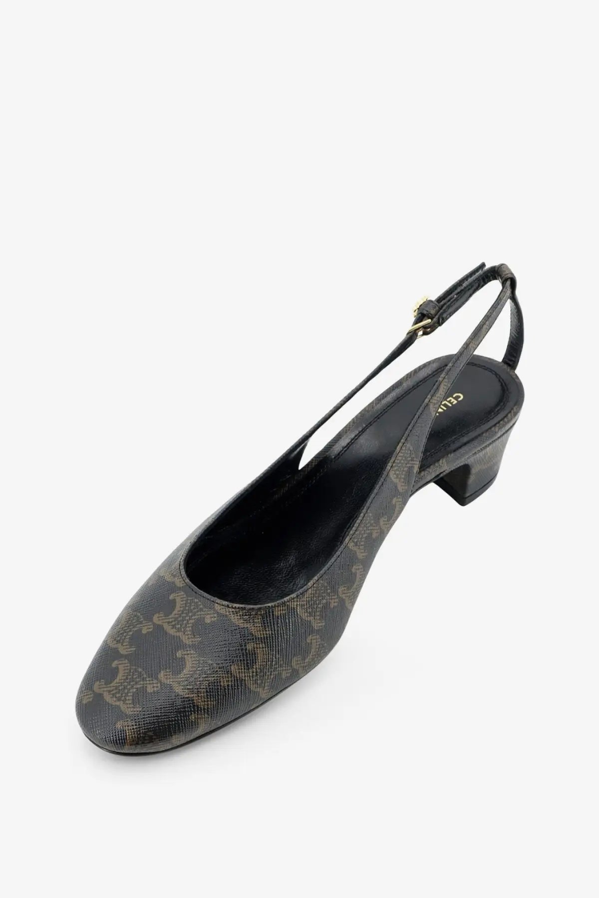 Celine women’s neo city triomphe black and gold monogram coated canvas slingback pump with low block heel