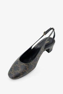 Celine women’s neo city triomphe black and gold monogram coated canvas slingback pump with low block heel