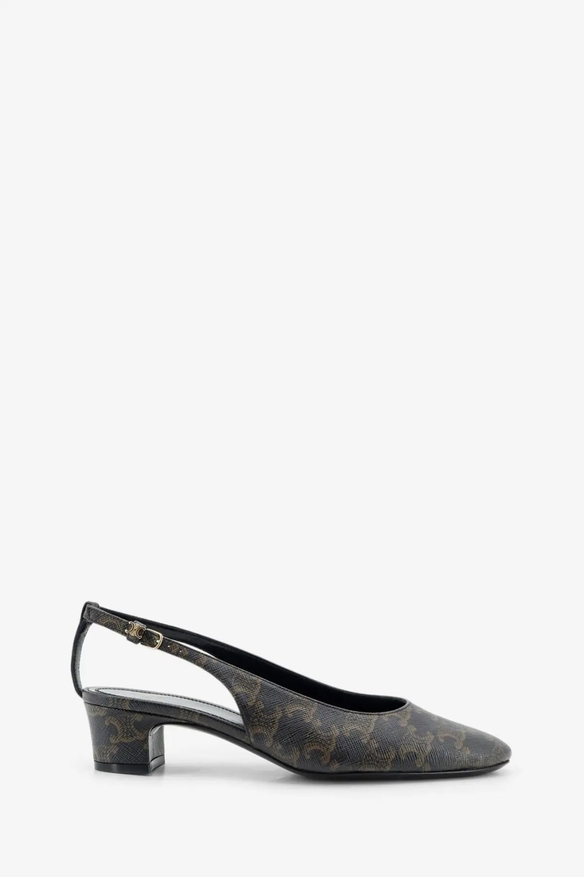 Celine women’s neo city triomphe black and gold monogram slingback pump with low block heel in coated canvas